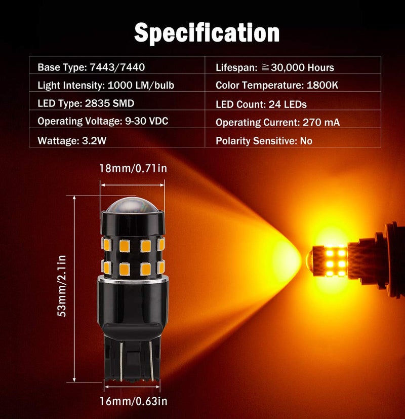 BRISHINE 4-Pack Super Bright 7443 7440 992 T20 7444NA LED Bulbs Amber Yellow 9-30V Non-Polarity 24-SMD LED Chipsets with Projector for Turn Signal Lights, Side Marker Lights - Image 2